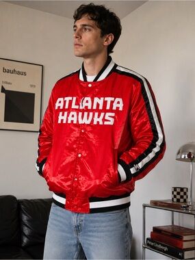 Starter Atlanta Hawks Satin Bomber Jacket Red NBA Basketball Varsity Jacket S
